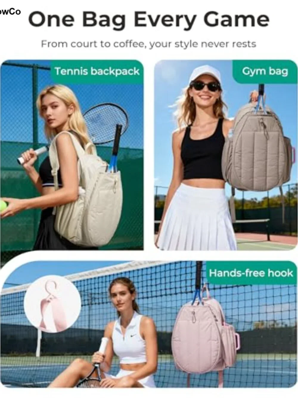 Quilted Pickleball Tennis Gym Backpack for Women, 15.6